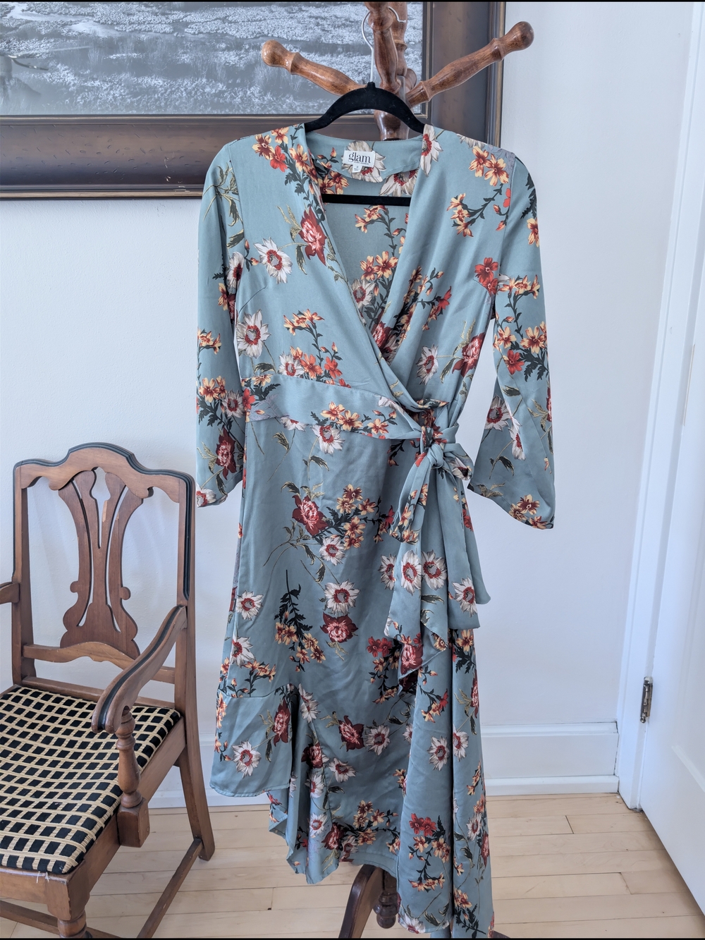 Glam Green Floral Wrap Dress with Red and Yellow Blooms Sz Sm